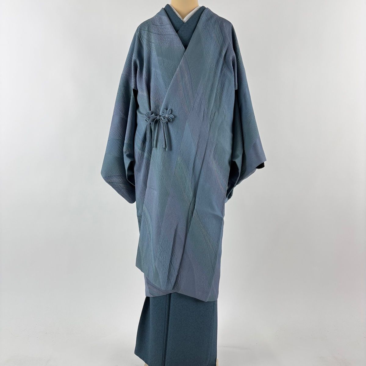 道中着 身丈111 cm 裄丈68.5 L 和装コート リバーシブル 地紋 ぼかし 青灰色 正絹