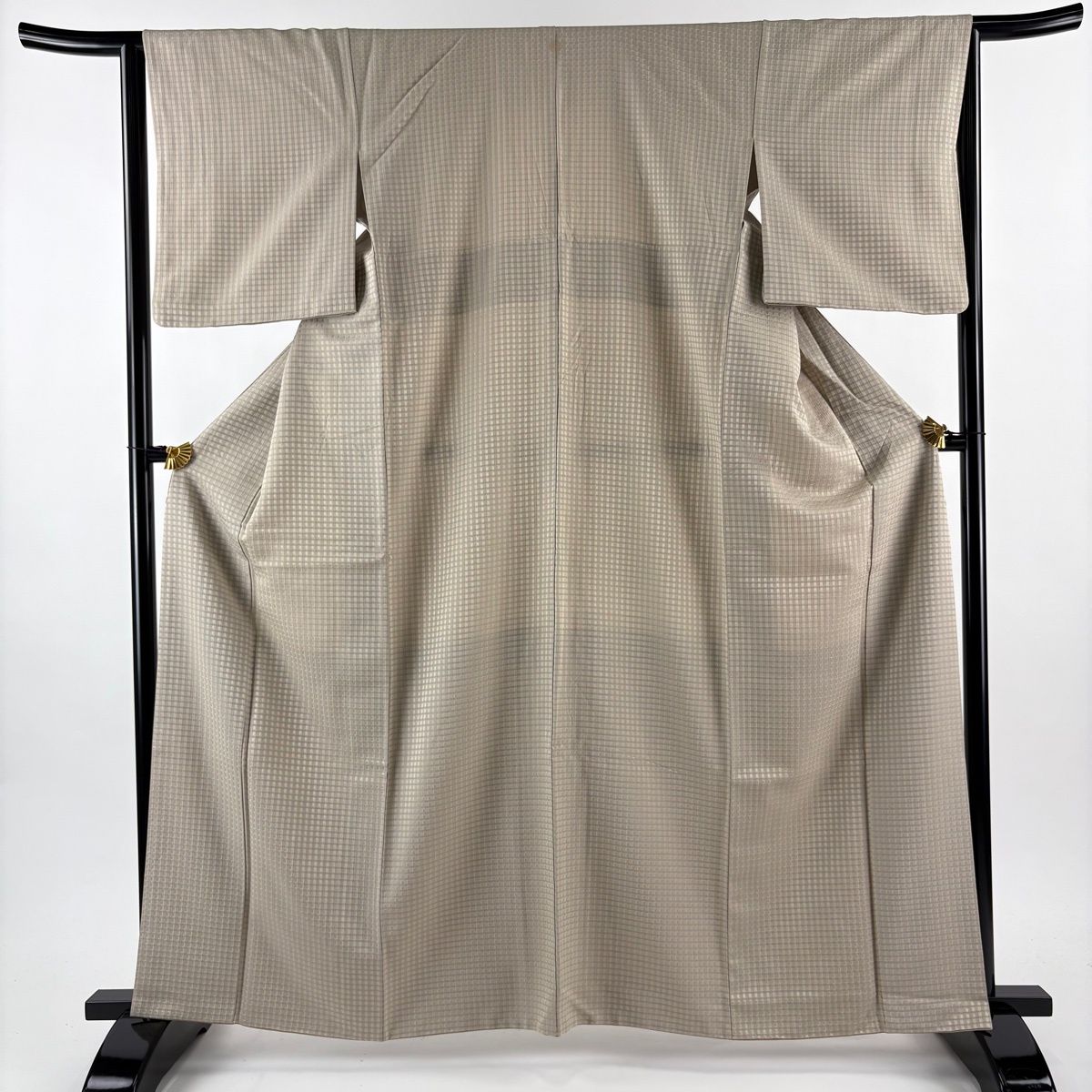 お召 身丈161 cm 裄丈64 M 袷 格子 薄茶色 正絹 一つ紋