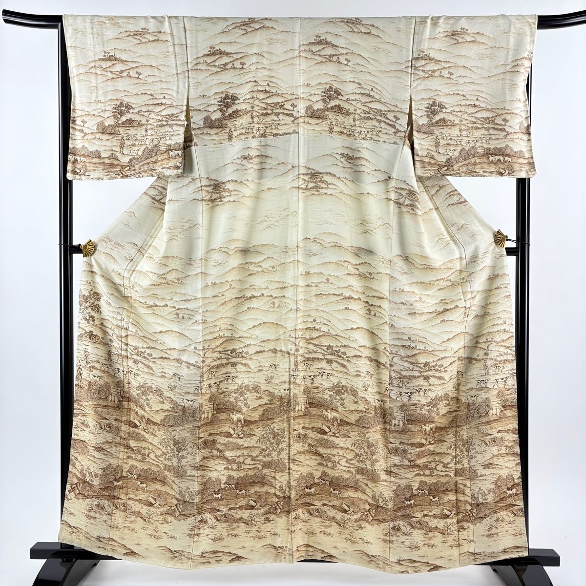 訪問着 身丈160 cm 裄丈67 M 袷 風景 動物 薄茶色 正絹