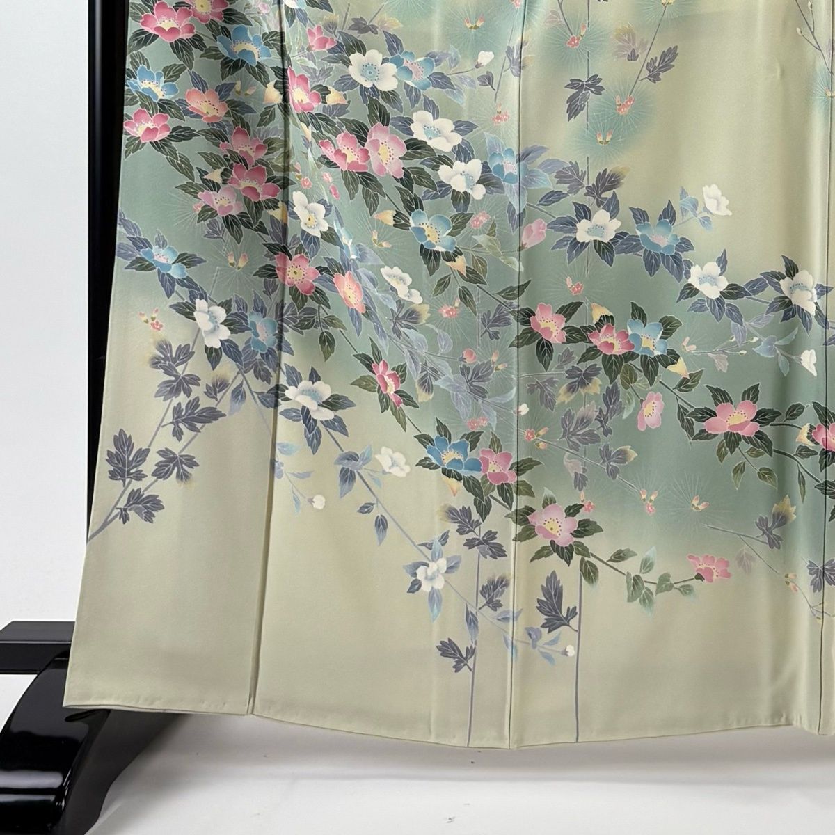 訪問着 身丈164 cm 裄丈66 M 袷 京加賀友禅 一梗 落款 枝花 ぼかし 染め分け 灰緑 正絹