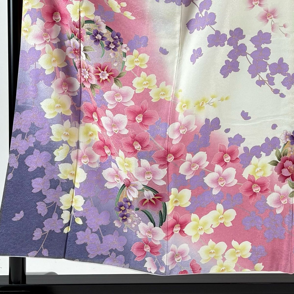 振袖 身丈155.5 cm 裄丈63 S 袷 花丸文 胡蝶蘭 銀通し 金彩 ピンク 正絹