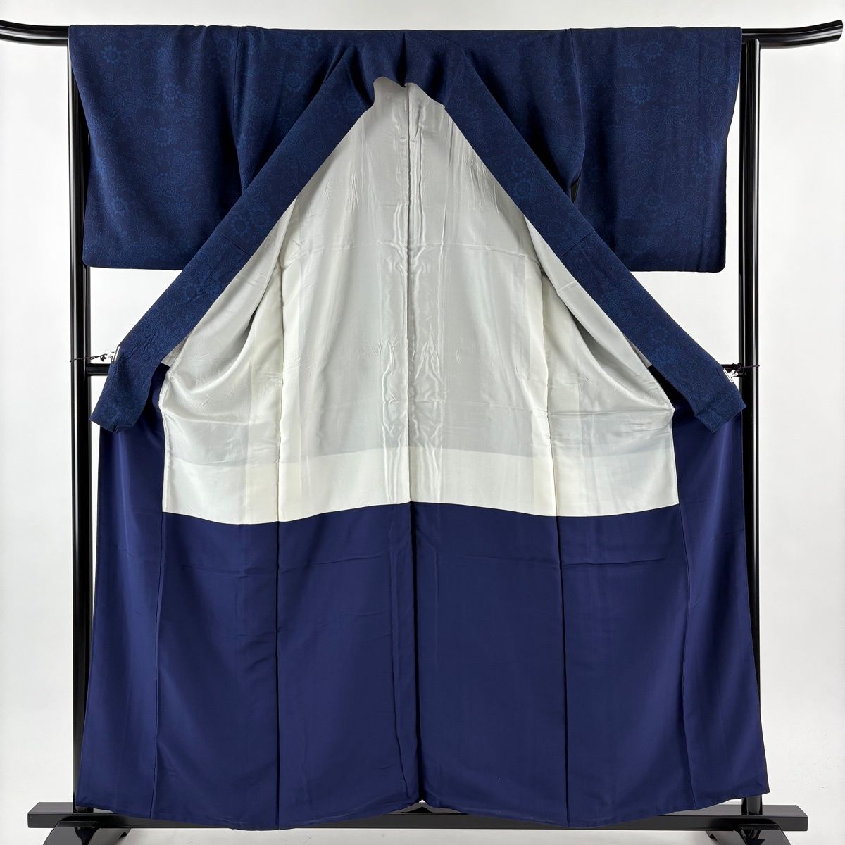  小紋 身丈158 cm 裄丈65 M 袷 佐藤昭人 証紙 花唐草 藍色 正絹 小紋 着物