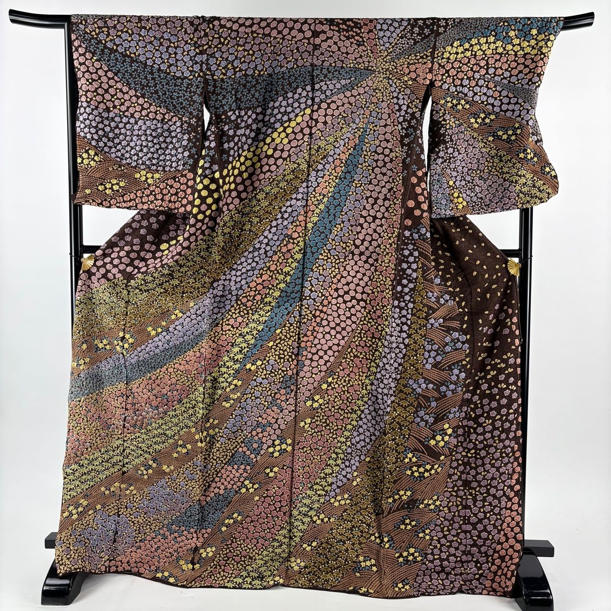 訪問着 身丈172.5 cm 裄丈70 未仕立て 仮絵羽 草花 笹 銀通し 絞り 茶紫 正絹