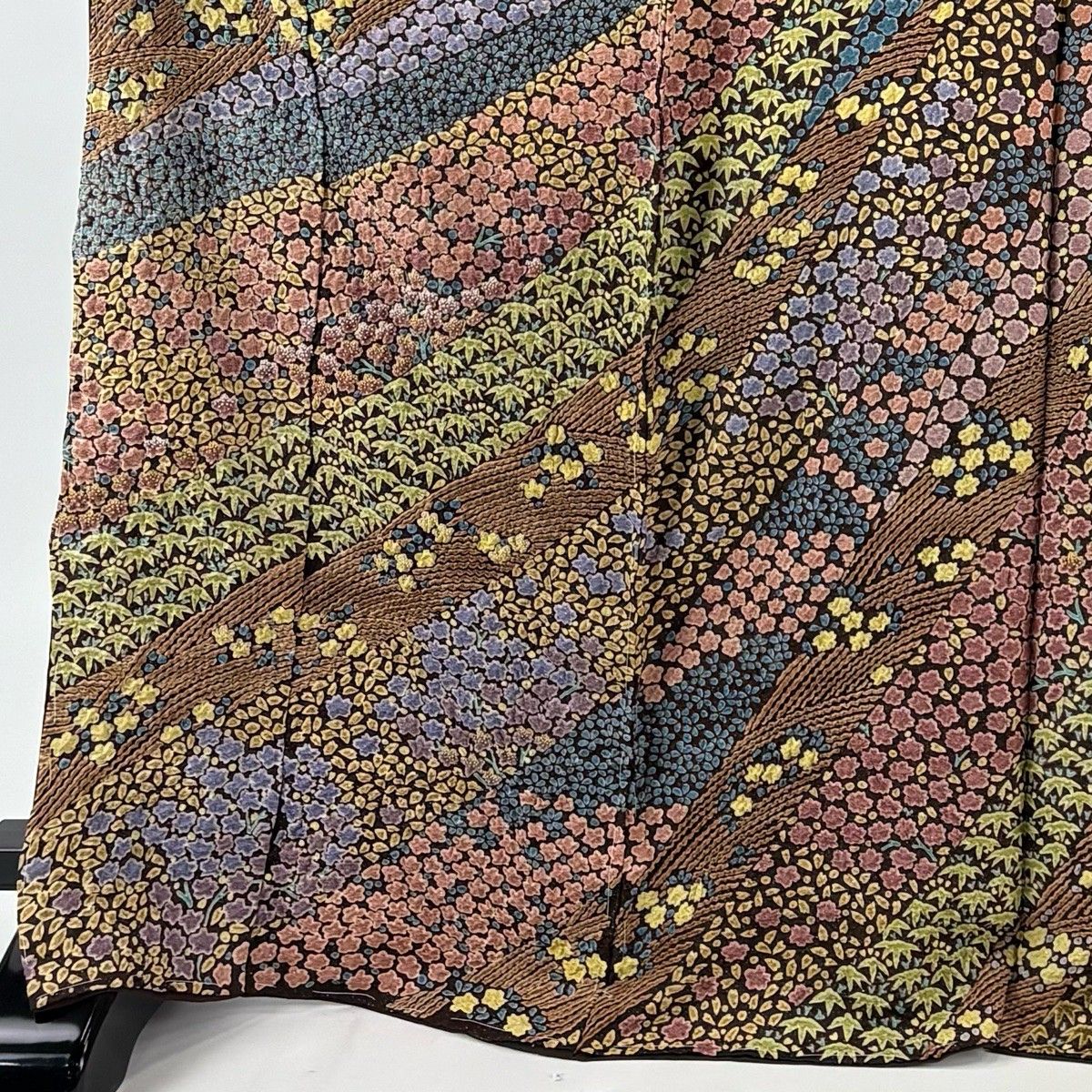 訪問着 身丈172.5 cm 裄丈70 未仕立て 仮絵羽 草花 笹 銀通し 絞り 茶紫 正絹