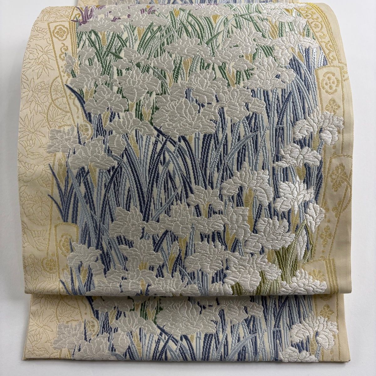 美品】 袋帯 名品 檜扇菖蒲 草花 唐織 金糸 ベージュ 六通 正絹 【中古