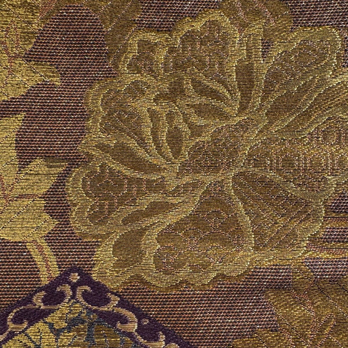 美品】 袋帯 名品 じゅらく 落款 花唐草 蜀江文 箔 金糸 茶紫 六通