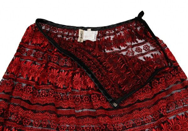 希少 トリココムデギャルソン ベロア スカート シースルー 花柄 赤 90s コムデギャルソンCOMME des GARCONS花柄刺繍シースルースカート 赤黒M