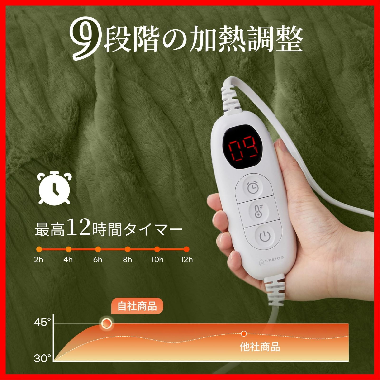  ひざ掛け 肩掛け 掛け 敷き毛布 電気ブランケット シングル 省エネ ダニ退治 厚手生地 防寒対策 ふわふわ ぬいぐるみ生地 洗える 1 12時間タイマー付き 9段階温度調節 両面使え 188 x 130 cm 掛け敷き兼用 電気毛布 エペイオス Epeios その他 文房具 事務用品