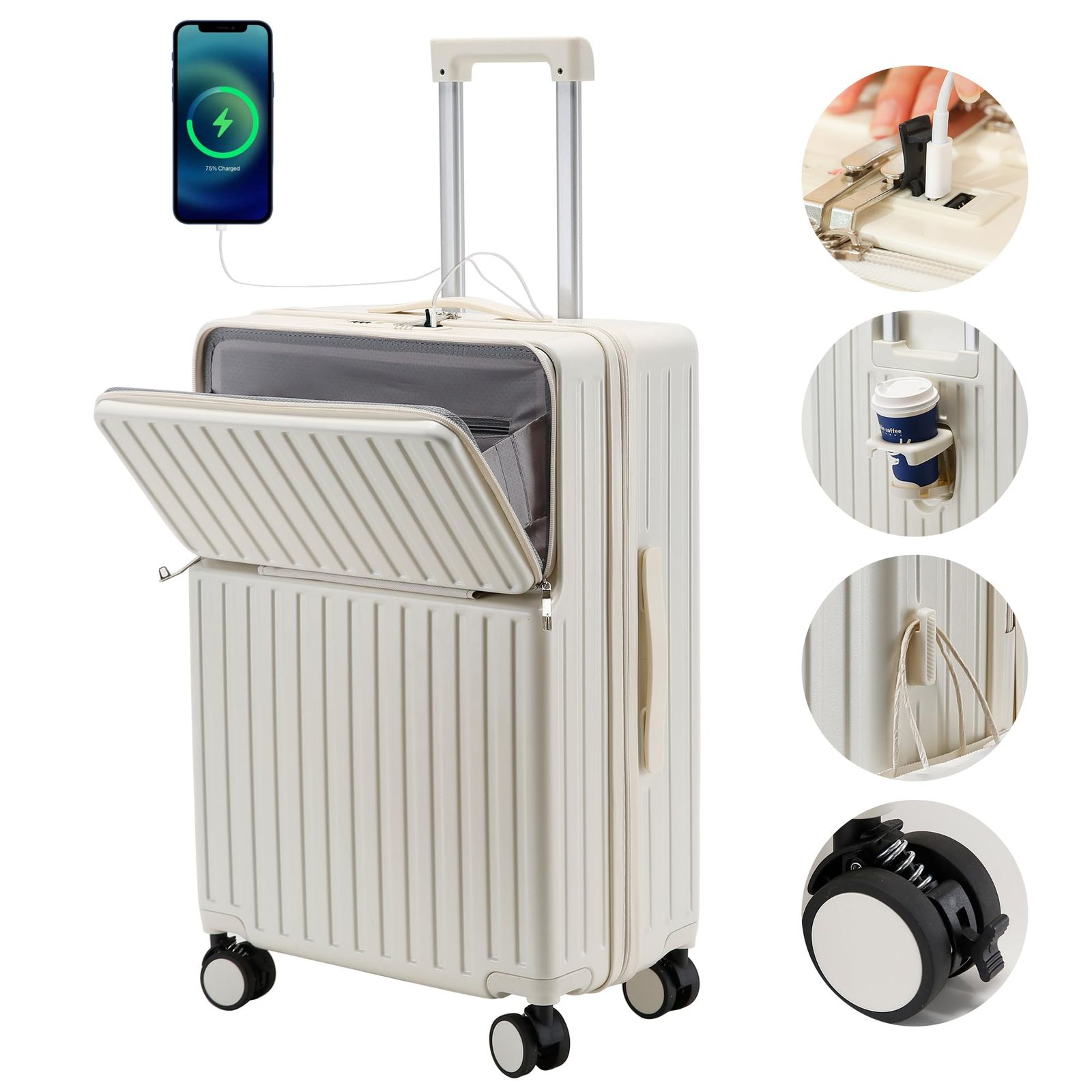 機内持ち込み スーツケース USBポート付き カップホルダー付き 荷物フック付き サイレントホイール フロントオープン 超軽量 勉強 旅行 ビジネス Mularda 出張 1～3泊 ホワイト