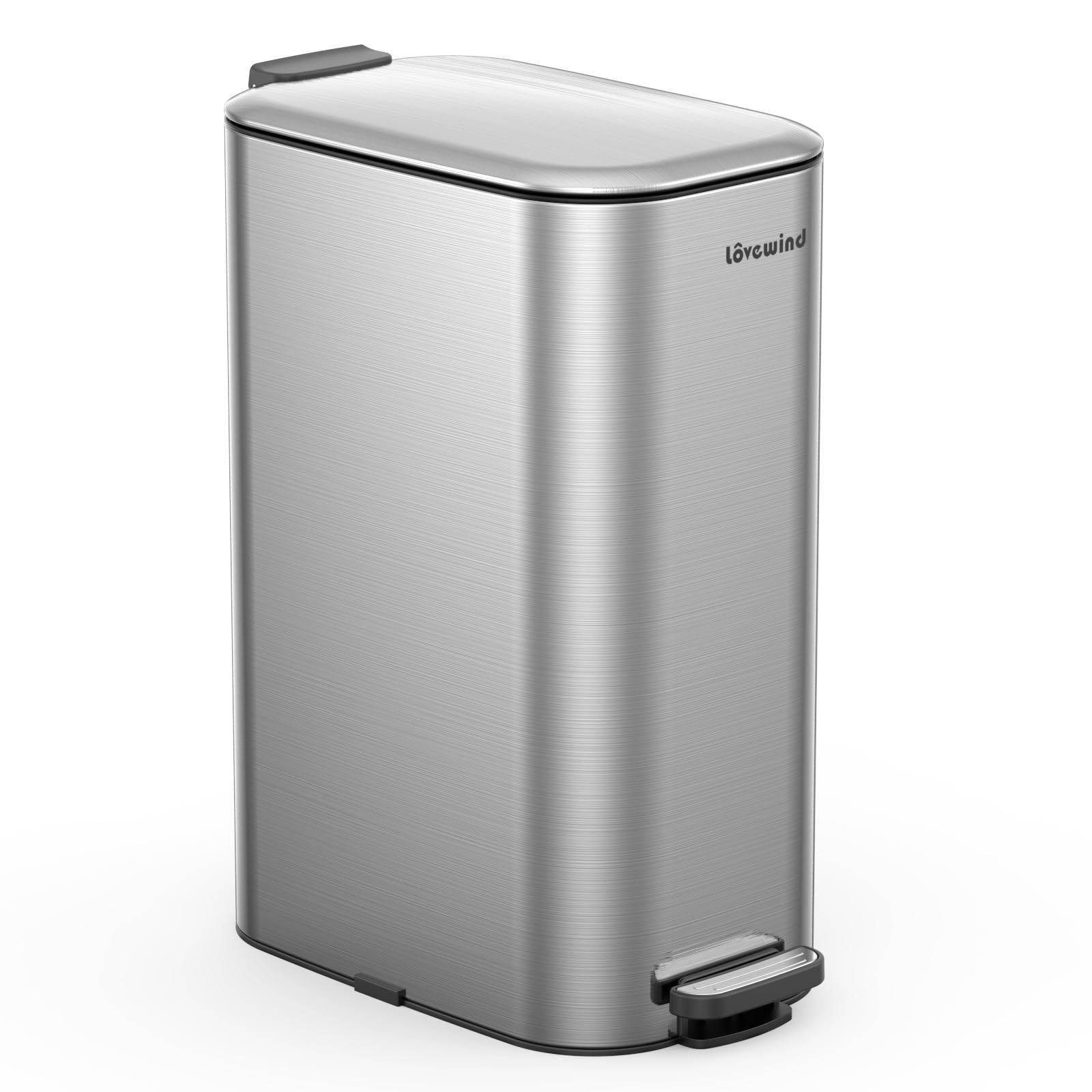 Lovewind 蓋付きキッチンゴミ箱 30 L 細型足踏み式ゴミ箱 キッチン 寝室 ホームオフィス用 30リットル ステンレス製ゴミ箱 ソフトクローズ蓋付き オーバル型 シルバー
