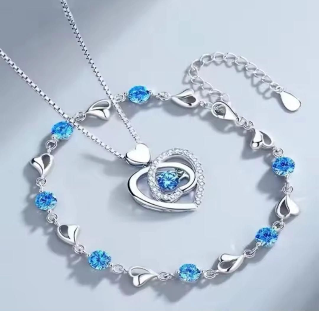 シルバー ハート ネックレス＆ブレスレット セット ブルーストーン付き 