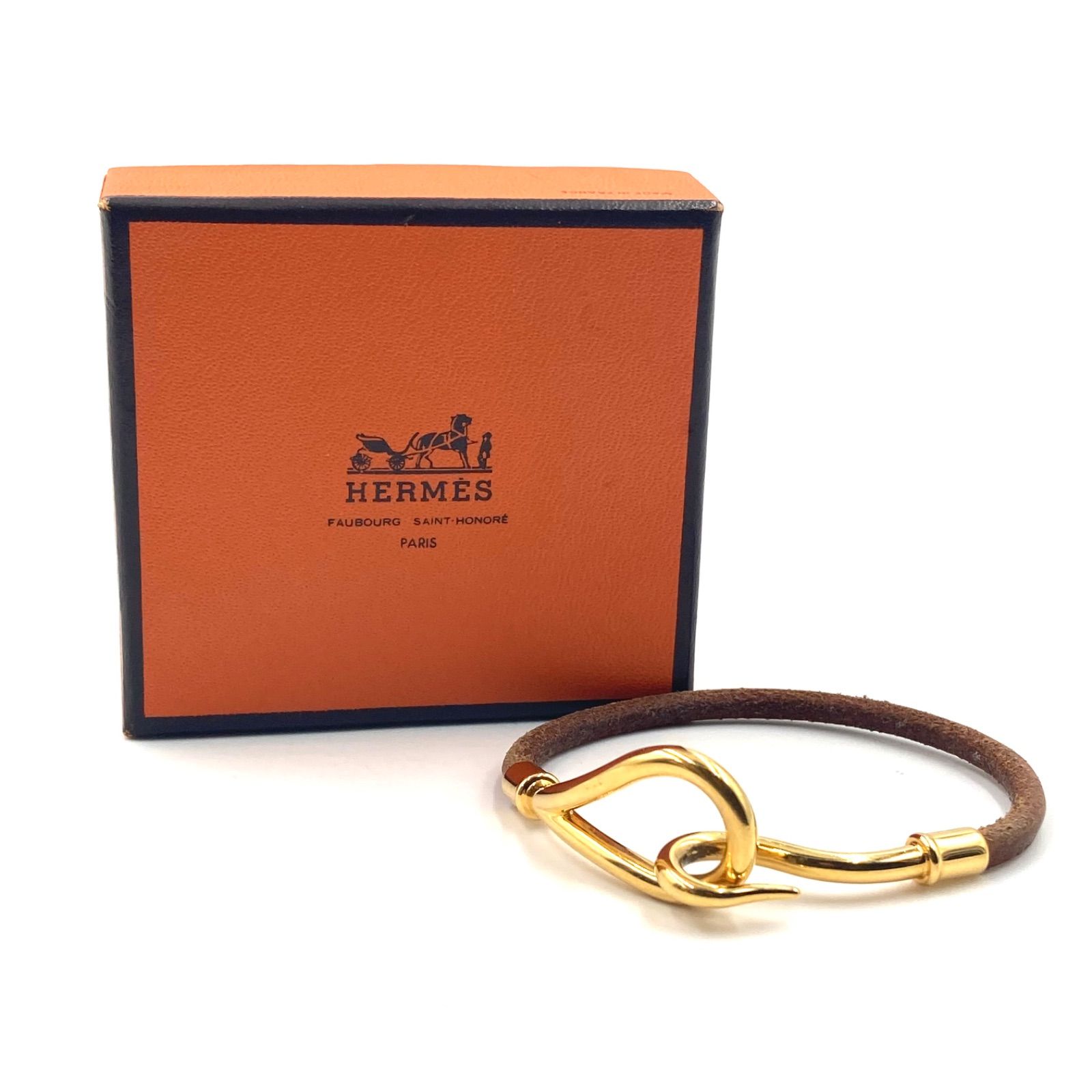 HERMES エルメス ジャンボブレスレット レザー×金具 ブラウン ゴールド