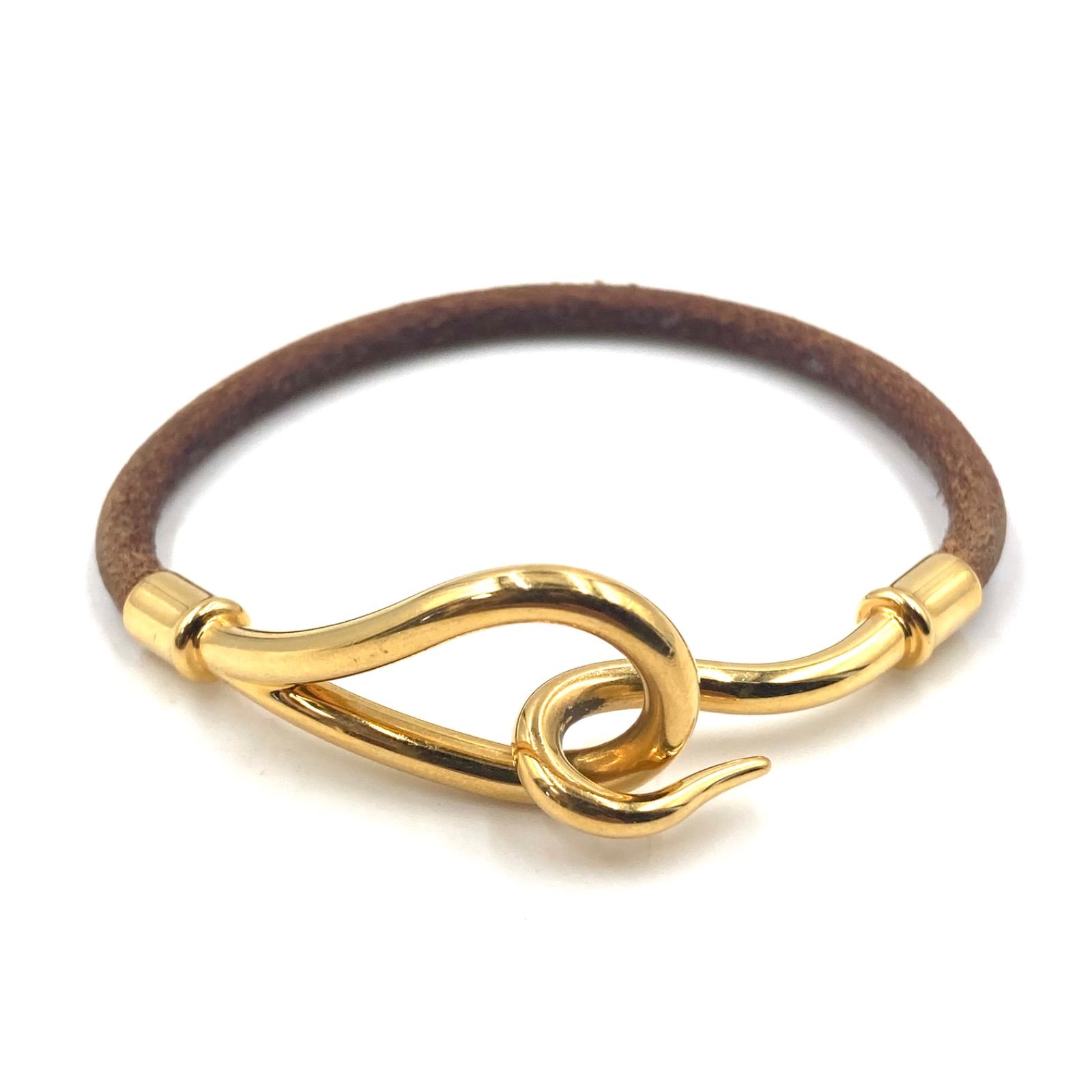 HERMES エルメス ジャンボブレスレット レザー×金具 ブラウン ゴールド