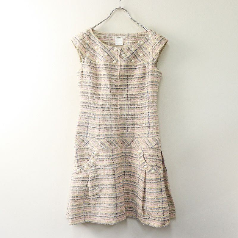 美品　Rene ルネ　DUTEL CREATION 社製　ツイードワンピース　M 美品 最高級 定価12.6万 Rene ルネ ティシュー TISSUE社 装飾付き