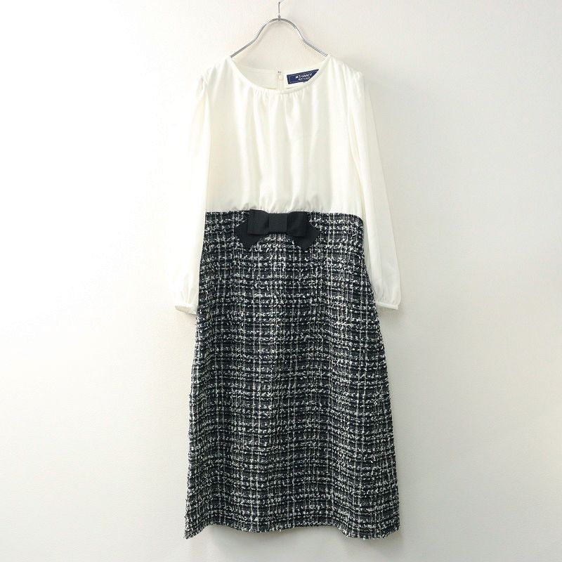 美品✨エムズグレイシー 格子柄リボン切替ワンピース 36 Sブラック×ホワイト 美品✨エムズグレイシー 格子柄リボン切替ワンピース 36 Sブラック