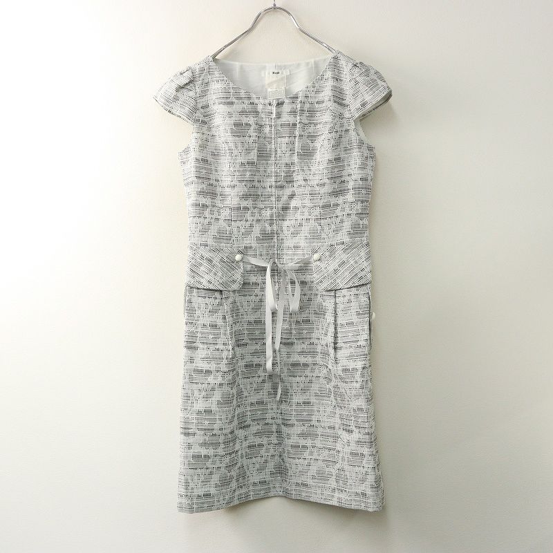 極美品【Reneルネ】定価99,000円ティッセ白ツイードワンピース38 Rene ルネ ティシュー TISSUE社 イタリー製ファブリック フラワー