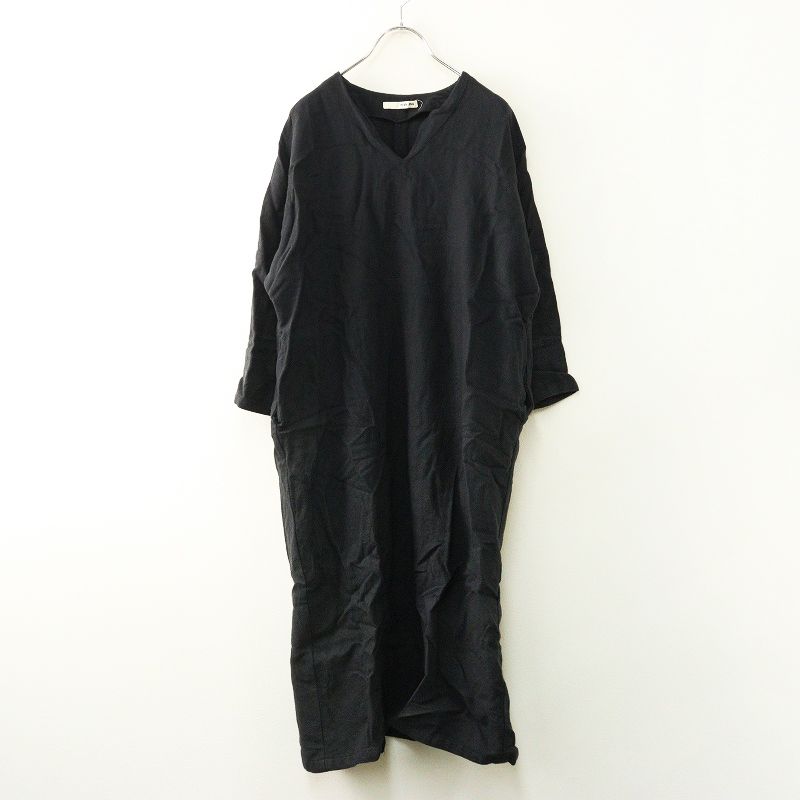 エヴァムエヴァ evam eva v neck one piece ウールコットンリネンVネックワンピース チャコール|ドレス チュニック