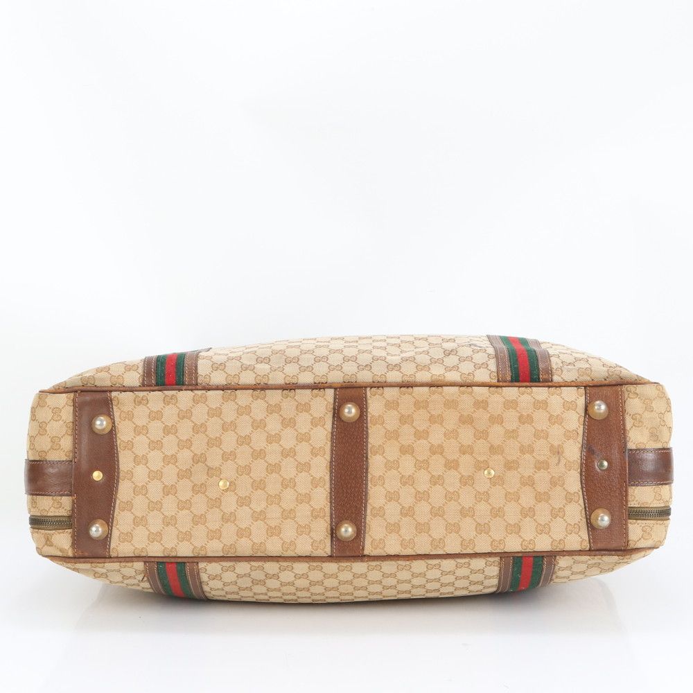 美品 グッチ GG キャンバス シェリー ライン レザー ボストン バッグ