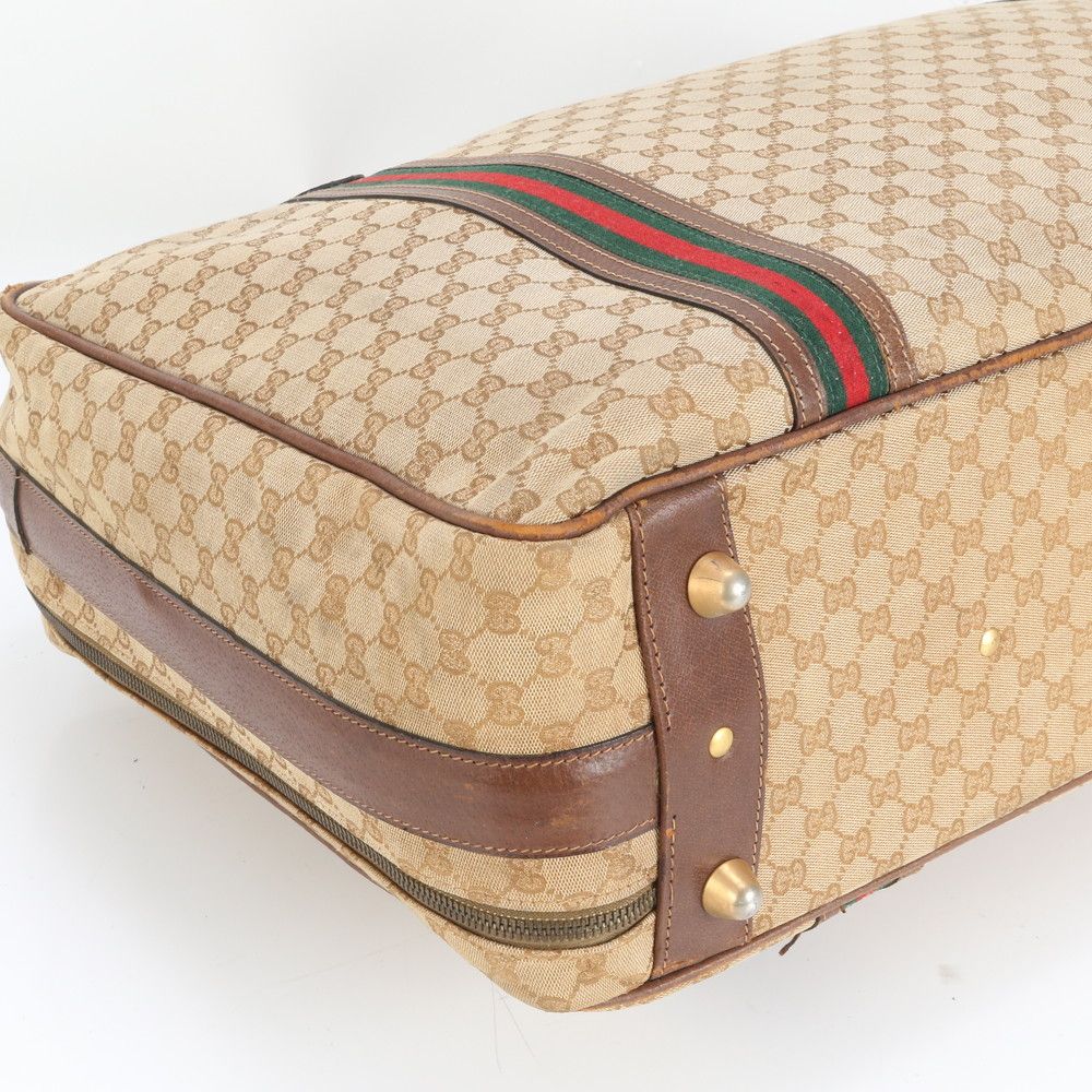 美品 グッチ GG キャンバス シェリー ライン レザー ボストン バッグ