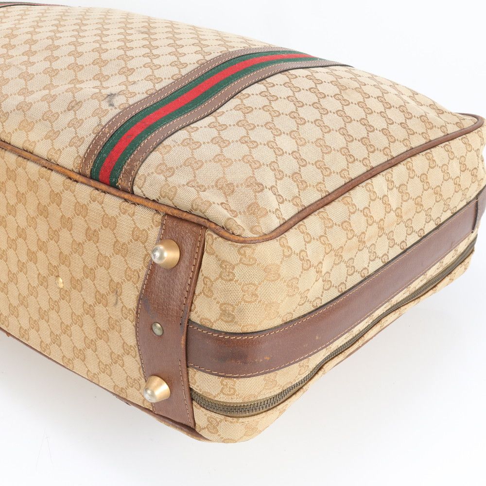 美品 グッチ GG キャンバス シェリー ライン レザー ボストン バッグ