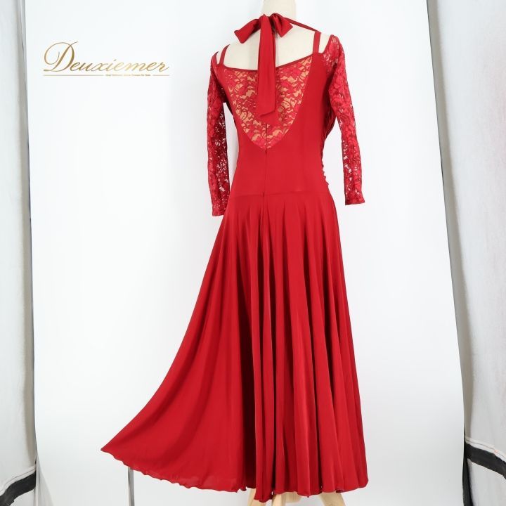 社交ダンス 衣装 スタンダード ドレス ワンピース 赤 無地 レース 上品