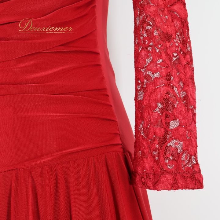 社交ダンス 衣装 スタンダード ドレス ワンピース 赤 無地 レース 上品