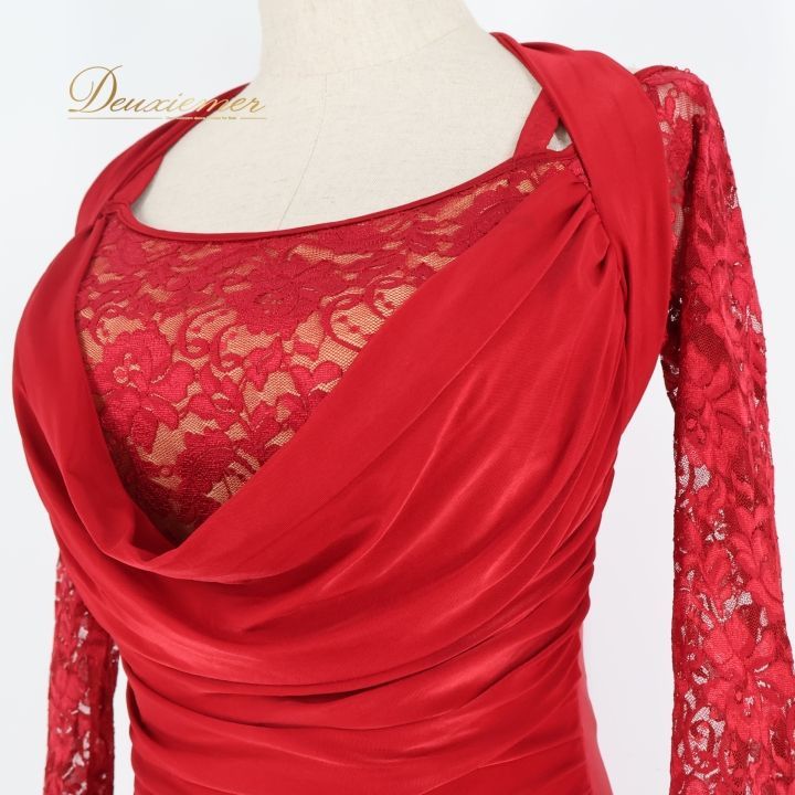 社交ダンス 衣装 スタンダード ドレス ワンピース 赤 無地 レース 上品