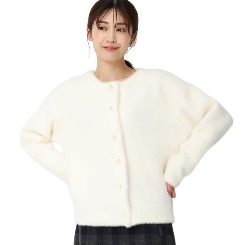 ミッシュマッシュ カーディガン ジャケット コート シャギー アウター クルーネック ニット セーター レディース WHITE