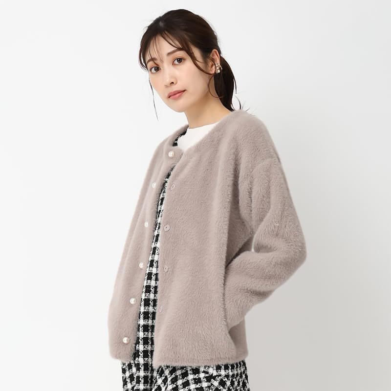 ミッシュマッシュ カーディガン ジャケット コート シャギー アウター クルーネック ニット セーター レディース WHITE