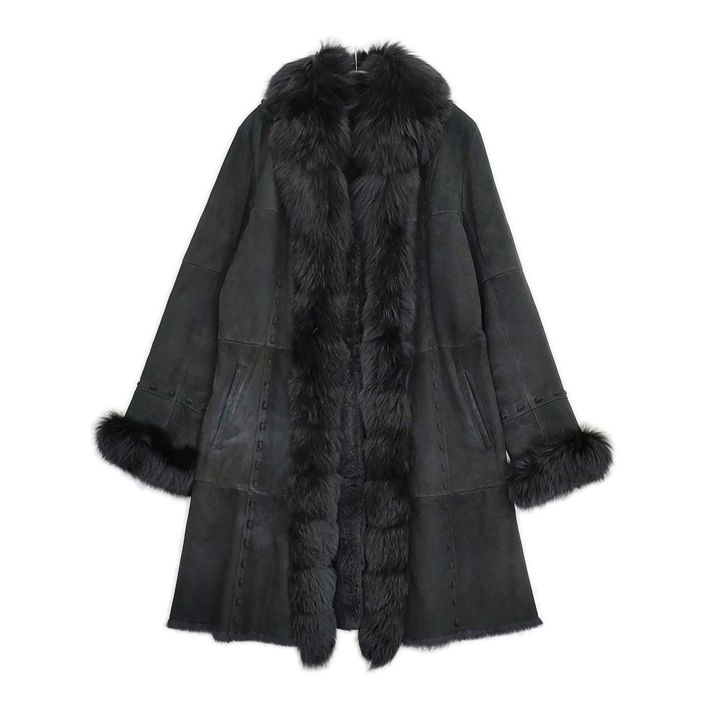 LINOS リノス 本体ラビットファー 衿袖フォックスファー サイズ40 コート ブラック レディース 5-1127 A♪