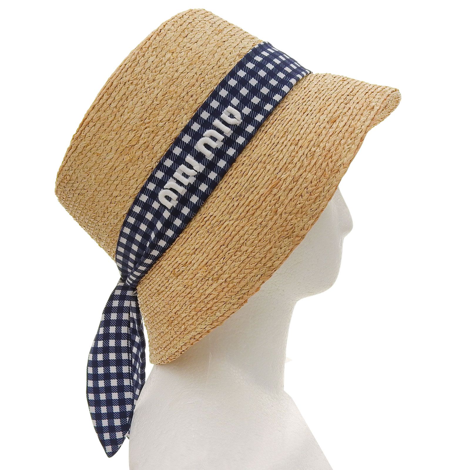 チェックリボン 麦わら帽子