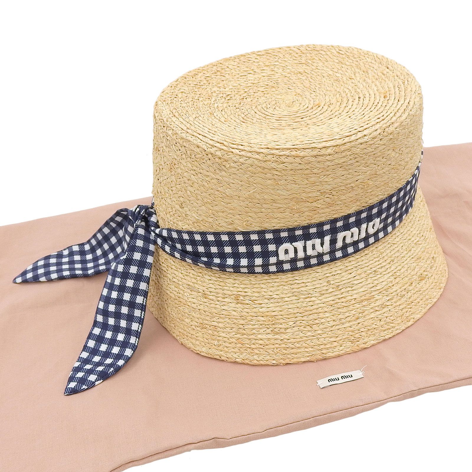 MIUMIU ミュウミュウ 5 HC 307 ラフィア シルク ロゴ刺繍 チェックリボン 麦わら帽子 ハット ナチュラル M 保存袋付き イタリア製 レディース