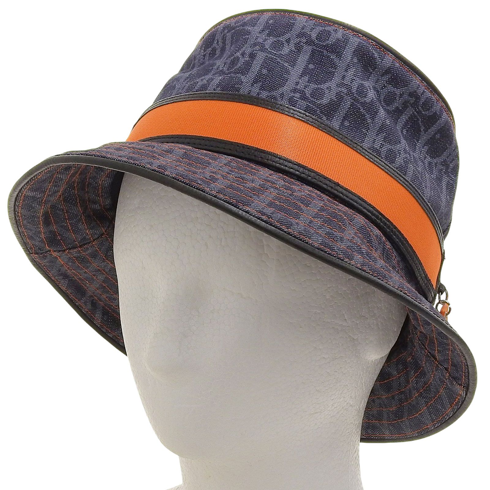 ▲Christian Dior クリスチャンディオール ヴィンテージ コットン100％ トロッター柄 チャーム付 バケット ハット インディゴブルー オレンジ 58 フランス製 レディース