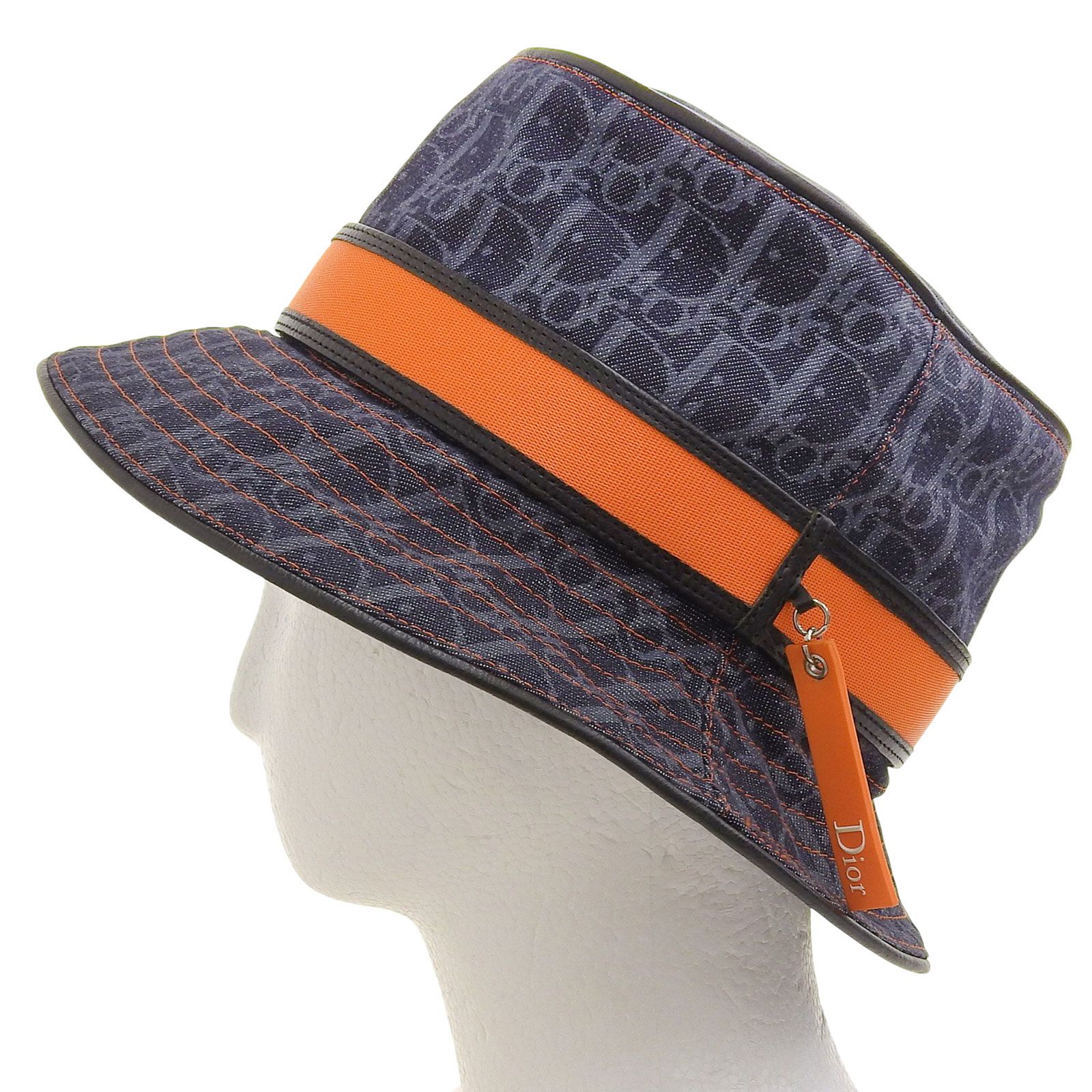 Christian Dior クリスチャンディオール ヴィンテージ コットン100％ トロッター柄 チャーム付 バケット ハット インディゴブルー オレンジ 58 フランス製 レディース