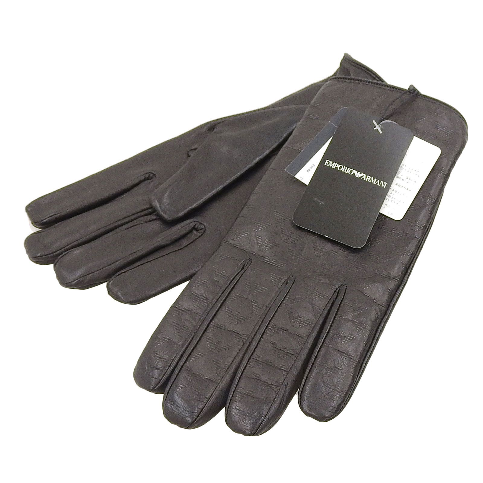 ♥品▲EMPORIO ARMANI エンポリオ アルマーニ イーグルロゴ柄 ラムレザー グローブ 手袋 ブラック L イタリア製 メンズ