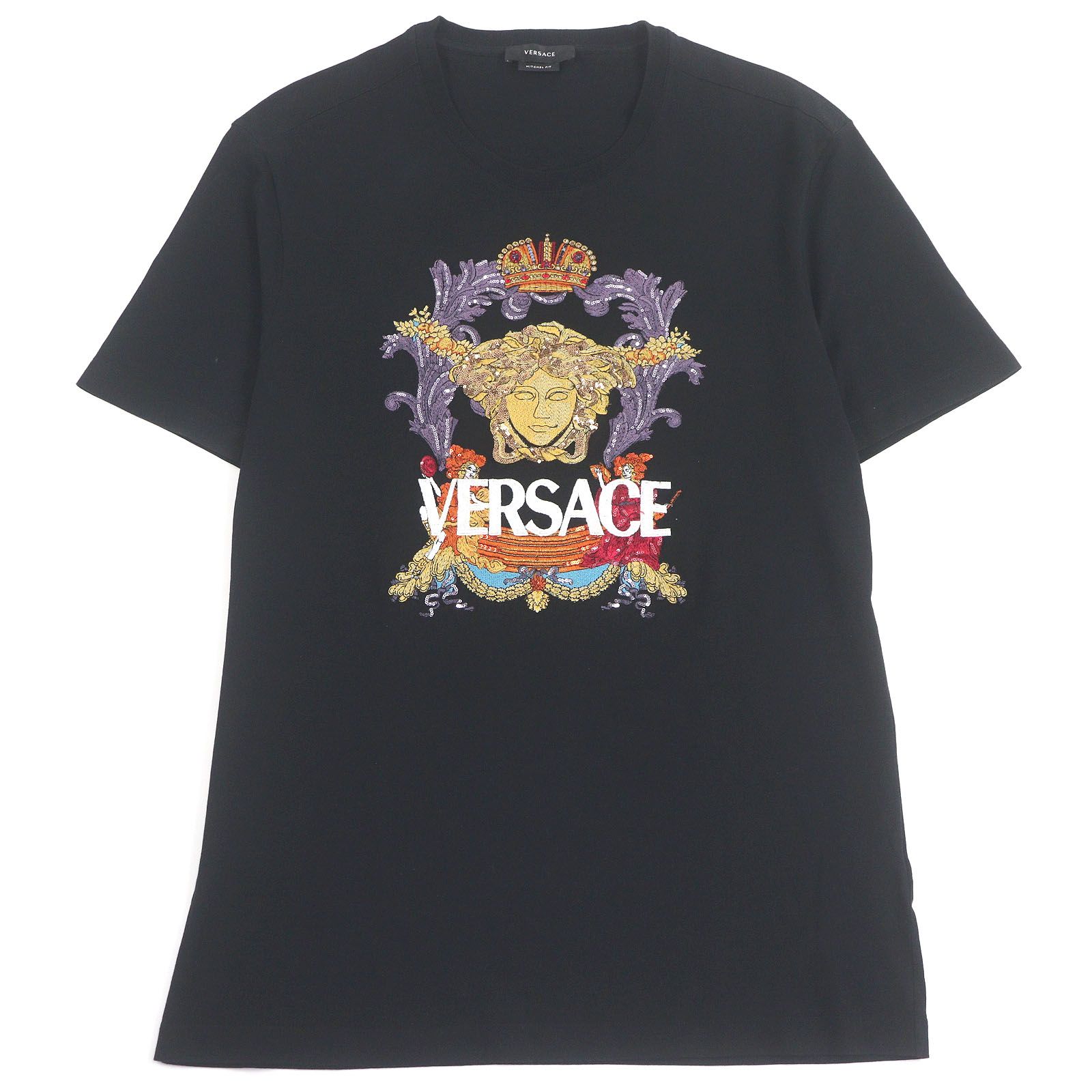 美品□VERSACE ヴェルサーチ 2021年製 MICHEL FIT メデューサ ロゴエンブロイダリー スパンコール 半袖Ｔシャツ ブラック S メンズ 美品□VERSACE ヴェルサーチ 2021年製 MICHEL FIT メデューサ ロゴエン
