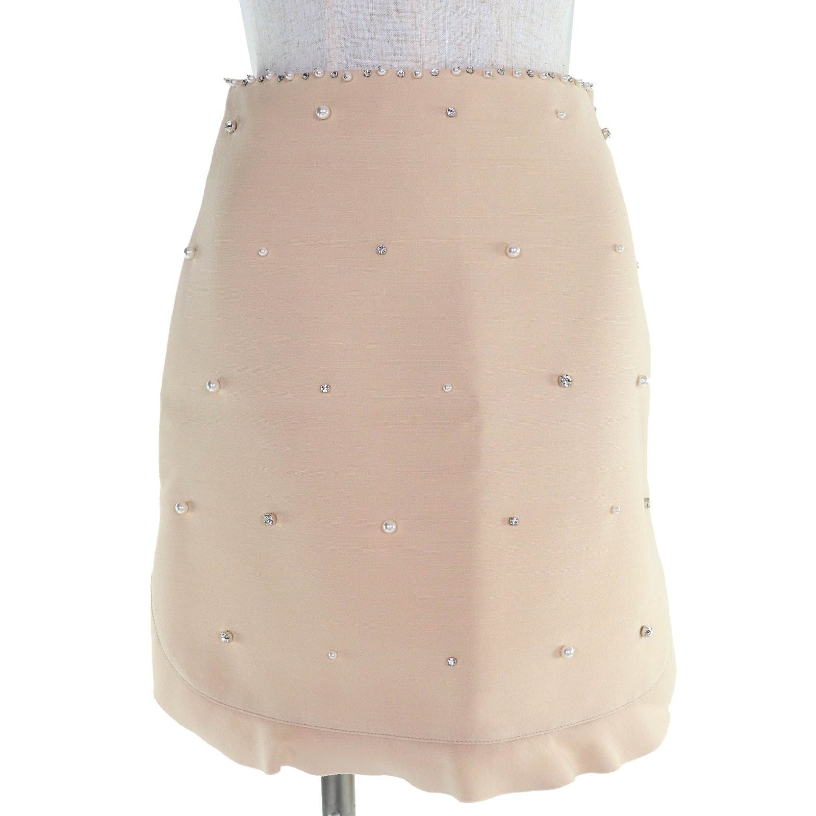 MIUMIU ミュウミュウ MG 1048 ウール シルク ビジュー エコパール付き ミニスカート ピンクベージュ 36 イタリア製 レディース