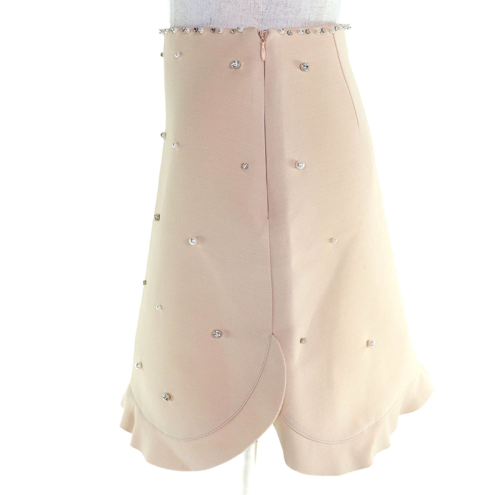MIUMIU ミュウミュウ MG 1048 ウール シルク ビジュー エコパール付き ミニスカート ピンクベージュ 36 イタリア製 レディース