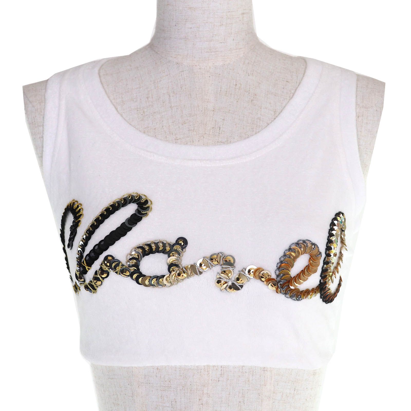 CHANEL シャネル コットン ロゴ スパンコール パイル地 クロップド タンクトップ ホワイト 36 イタリア製 レディース