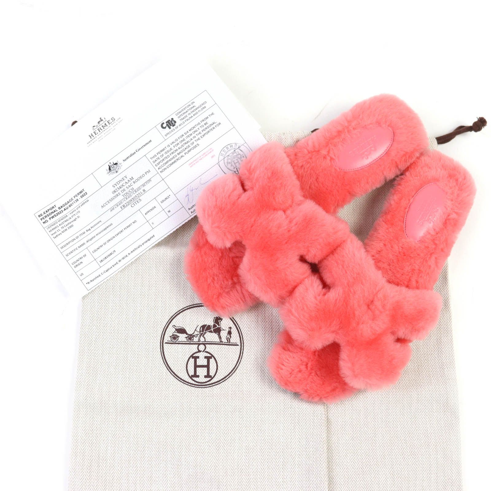 HERMES エルメス 231288 Z オラン シープスキン Hロゴ ファー サンダル ミュール ピンク 37 保存袋付き イタリア製 レディース
