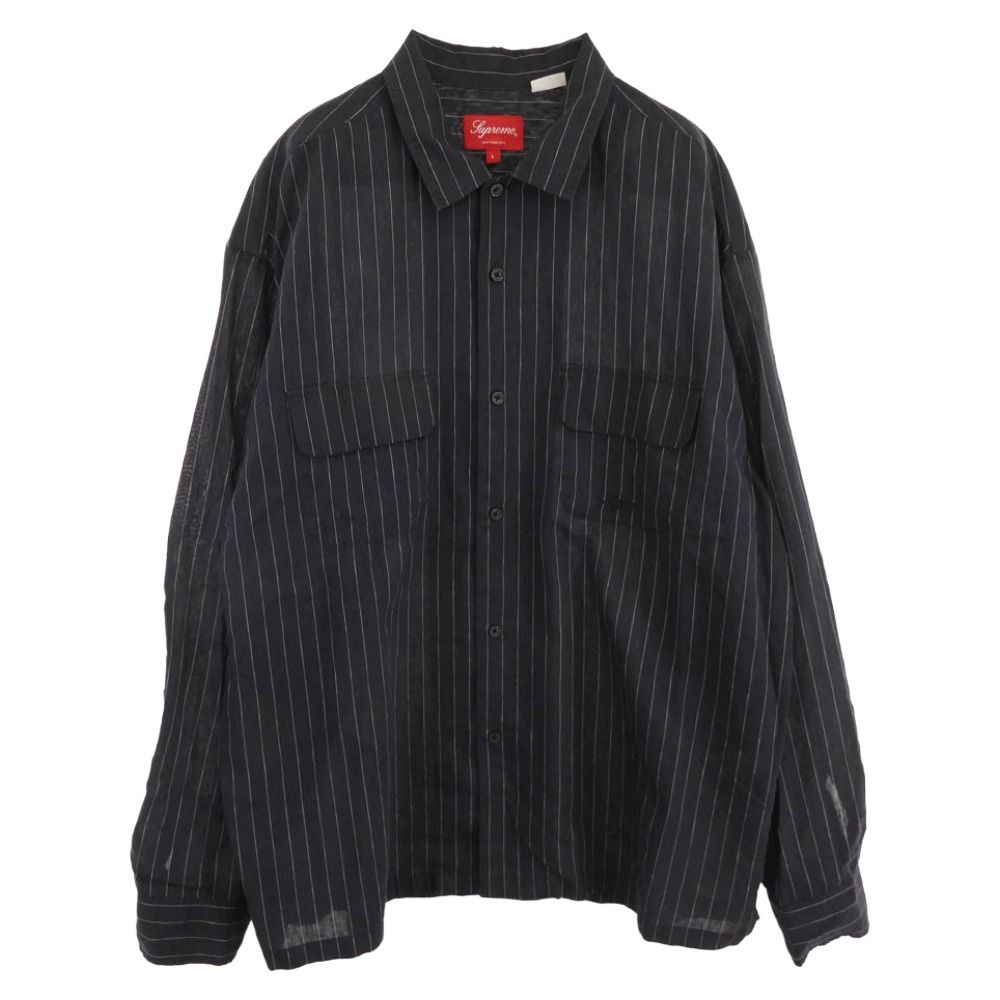 Supreme シュプリーム 23 SS Pinstripe Linen Shirt ピンストライプ リネン 長袖シャツ ネイビー系 L