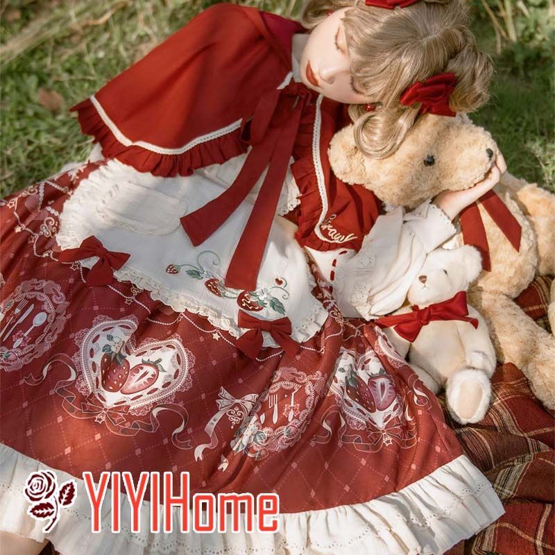 ワインレッド エレガント OP ロリータ Lolita ワンピース ケープ 2点セット 上品クラシカル風 可愛い甘めスタイル レディース 撮影 お出かけ イベント コスプレ 仮装 フェミニン華やかコーデ 体型カバー 秋冬ロリータ
