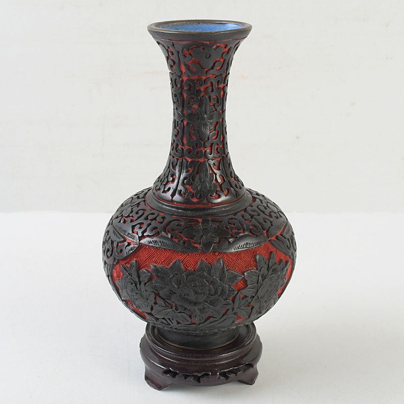 中国 剔紅 堆朱 堆黒 内七宝 花文瓶 唐木台付 M S455 - メルカリ