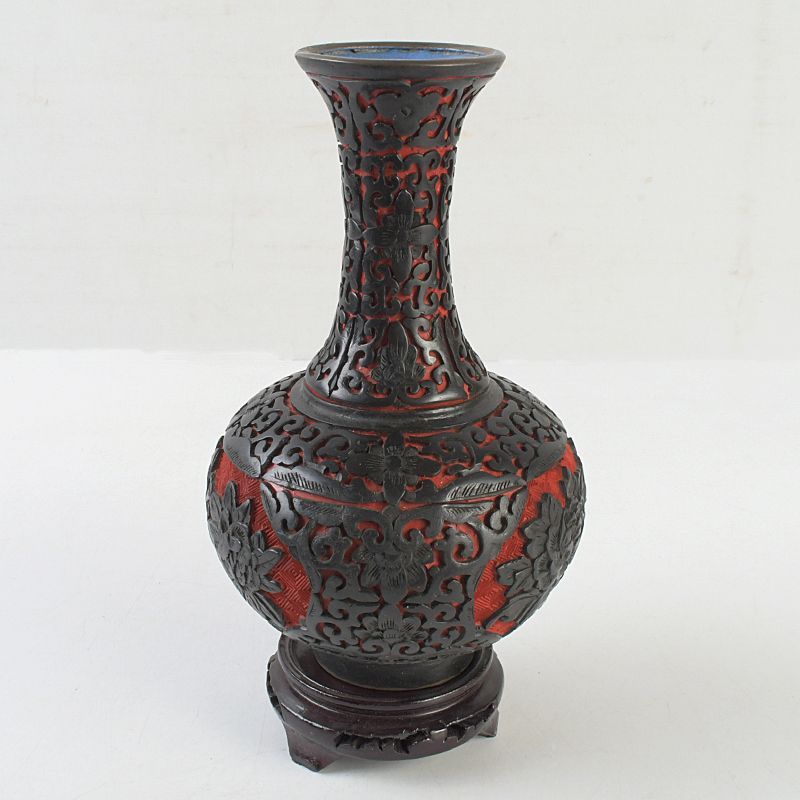 中国 剔紅 堆朱 堆黒 内七宝 花文瓶 唐木台付 M S455 - メルカリ