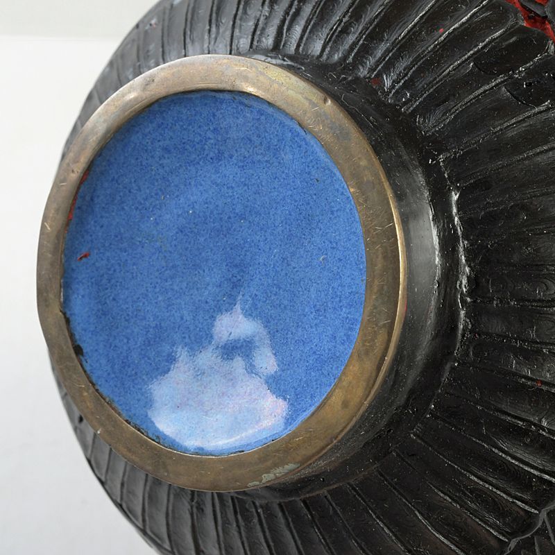 中国 剔紅 堆朱 堆黒 内七宝 花文瓶 唐木台付 M S455 - メルカリ