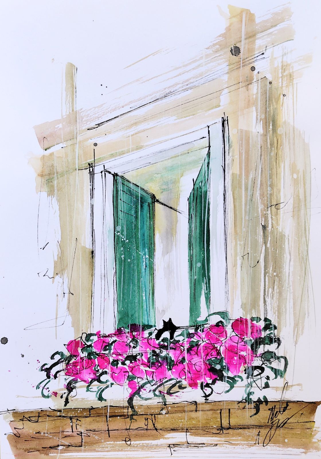 原画#12 黒猫 雨 花 ベネチア 水彩画 ドローイング インテリア 猫