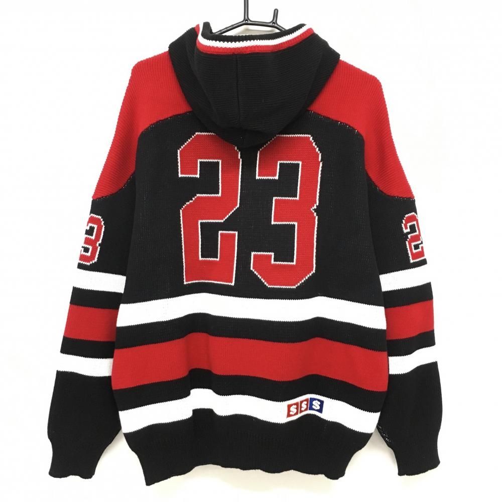 美品】Supreme シュプリーム ニットジップパーカー 黒×レッド×白 