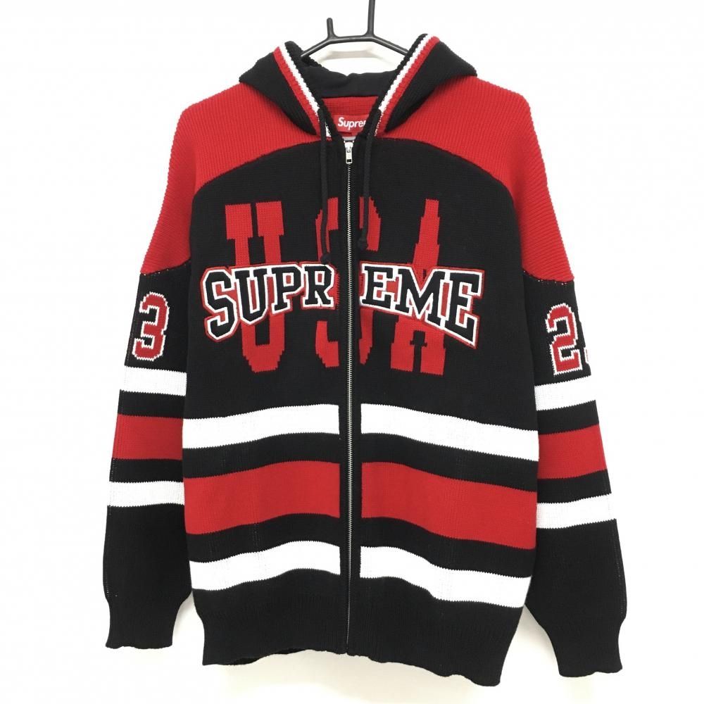 美品】Supreme シュプリーム ニットジップパーカー 黒×レッド×白 美品】Supreme シュプリーム ニットジップパーカー 黒×レッド×白