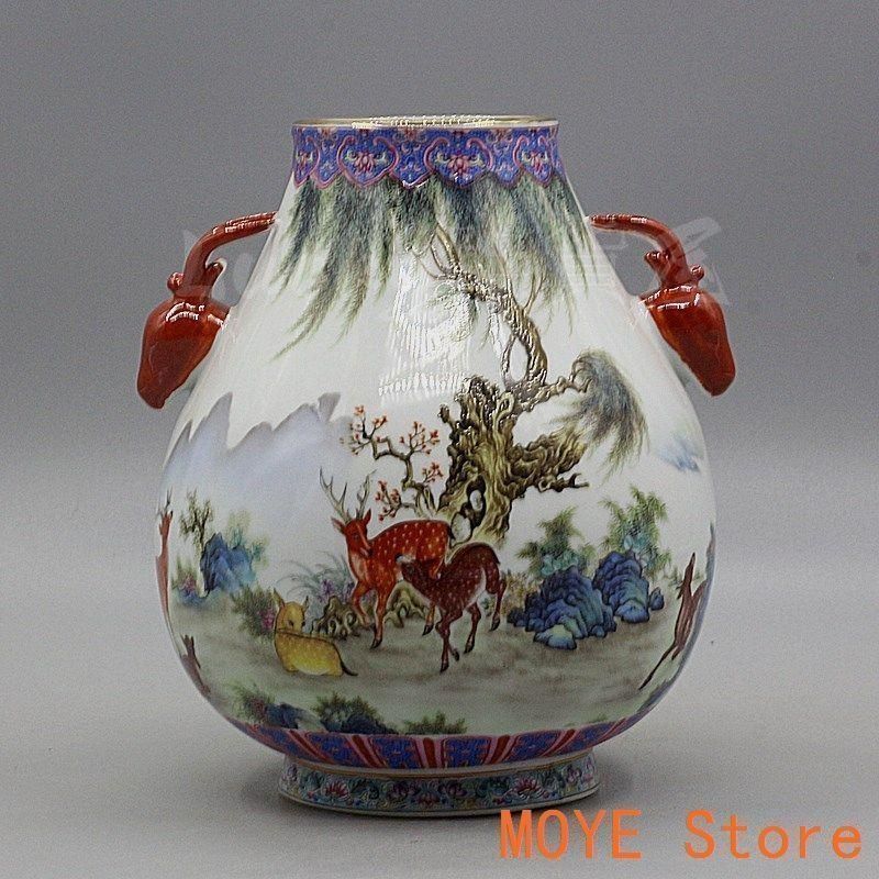 中国美術 両耳鹿頭福筒 開運 風水招財 陶磁器 装飾品 現代工芸品 美術