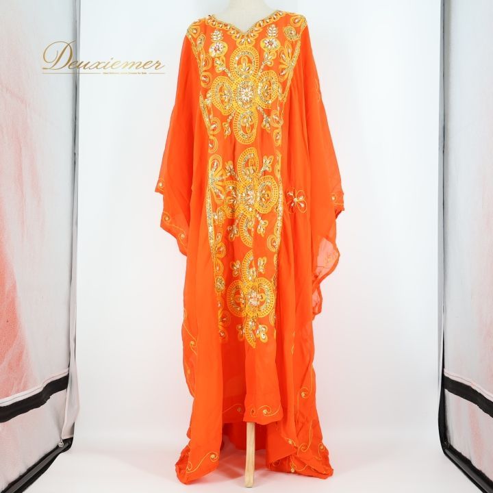 ベリーダンス 衣装 ハリージドレス オレンジ系 スパンコール ビーズ 橙